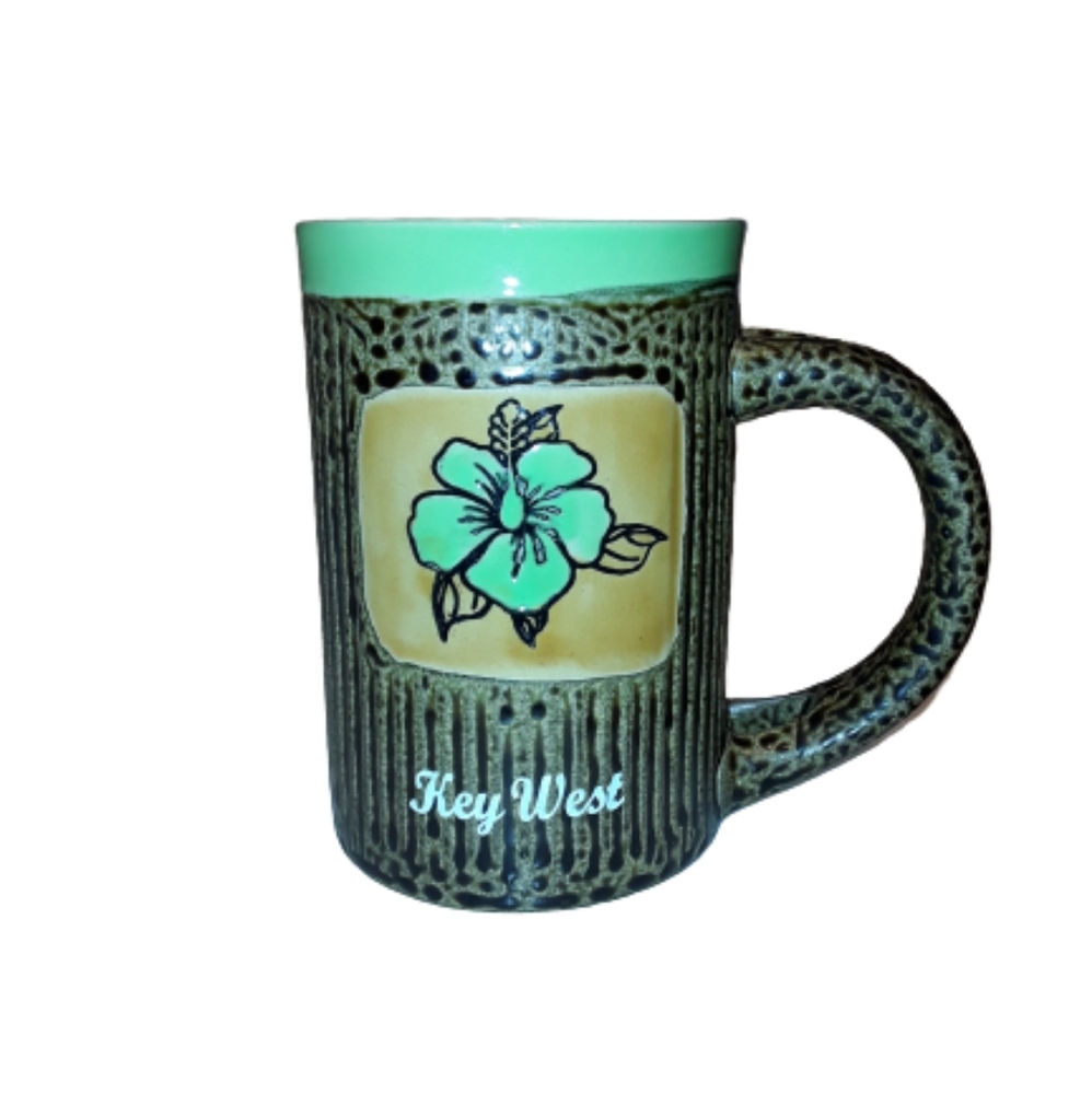 Hibiscus Flower Mug Textured Bamboo Key West, Green Flower, Tiki Coffee...